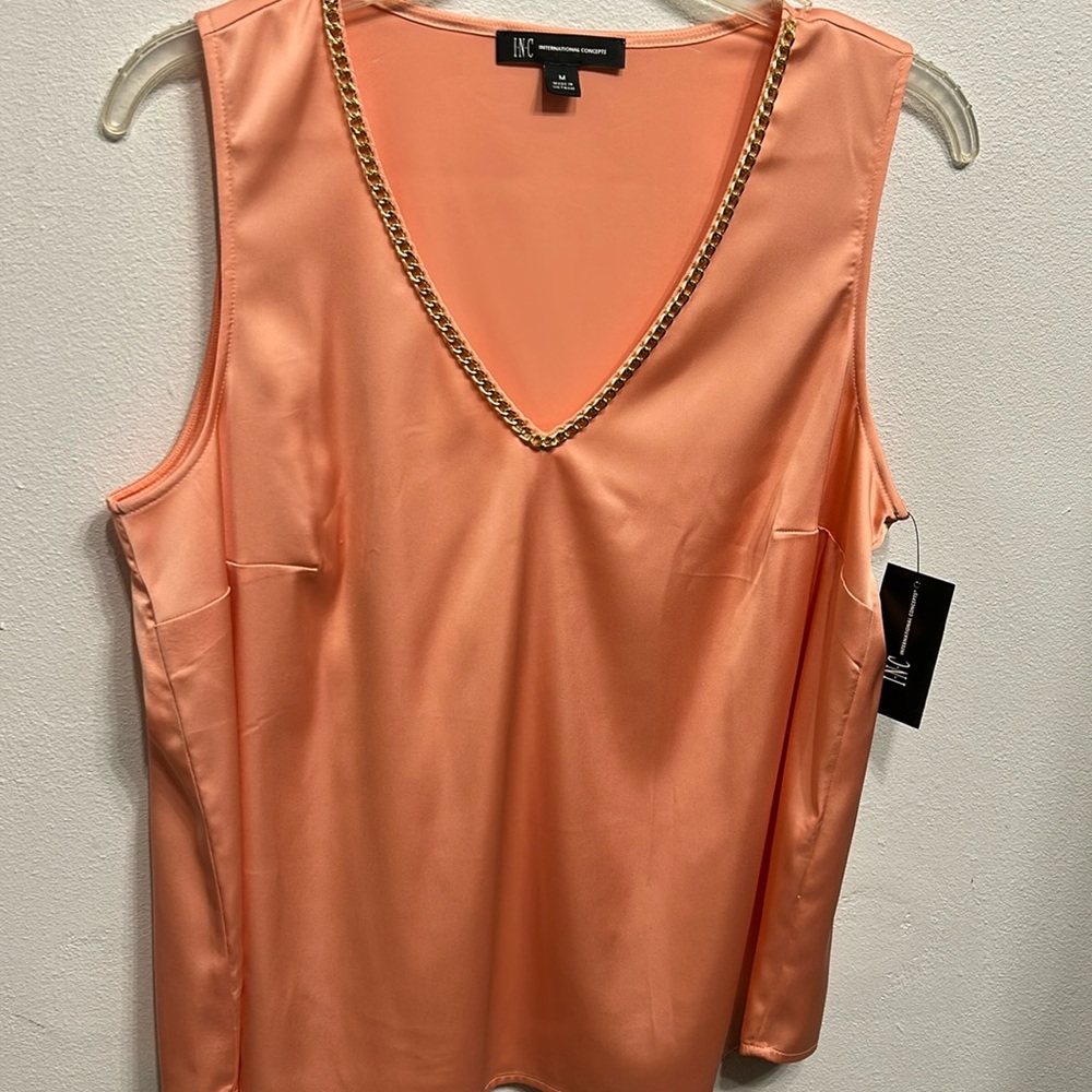 INC Satin Coral - Gold Chain Embellishment V-neck